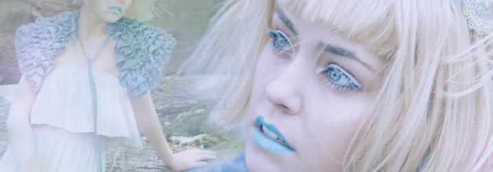 Two different views of a girl wearing blue fantasy make-up, a white dress with blue ruffled sleeves and a blue hair band.